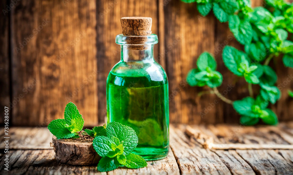 peppermint essential oil in a bottle. Selective focus. peppermint essential oil in a bottle. Selective focus.