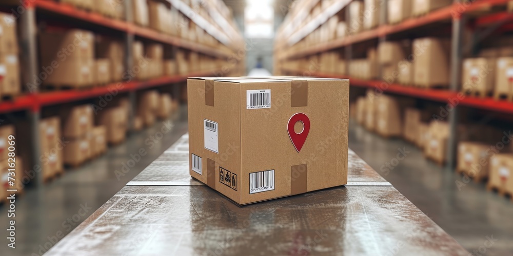 Logistics Precision: A Single Package with a Location Pin Awaits Dispatch in a Well-Organized Distribution Warehouse, Generative AI - obrazy, fototapety, plakaty 