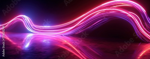 3d render. Abstract neon background. Fluorescent ines glowing in the dark room with floor reflection. Virtual dynamic curvy ribbon. Fantastic panoramic wallpaper. Digital data transfer. Generative AI