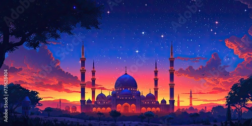Digital Pixel Art Mosque: A playful and modern pixel art representation of a mosque under a starry night, appealing to a tech-savvy audience with Pixelated Ramadan Joy in vibrant © SurfacePatterns