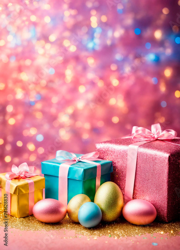 Easter eggs and gift box present. Selective focus.