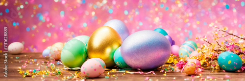 Easter eggs and gift box present. Selective focus.