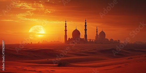 Desert Mirage Ramadan: A captivating scene of a desert mirage, with an oasis and a mosque appearing as a vision of hope and faith in the vast desert, with Mirage of Ramadan in mystical script