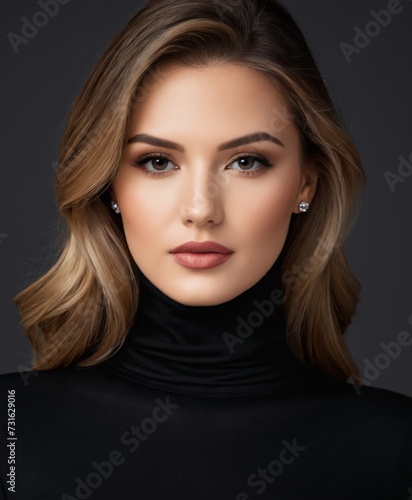 Beautiful elegant woman in black turtleneck on a gray background