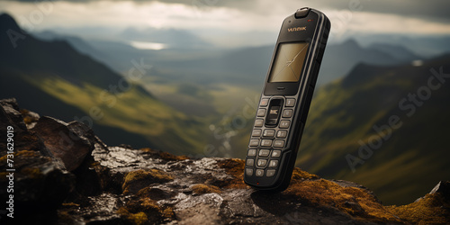 Slim and compact satellite phone, Old retro mobile phone on dark background
