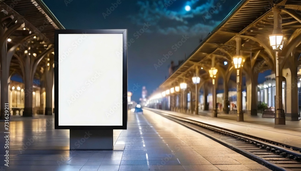 billboard at night standing at a train station; empty blank white mockup
