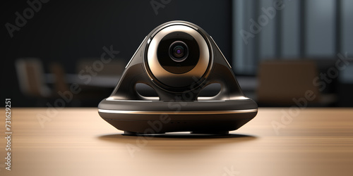 home security camera with motion detection for baby room or pets, Black IP Camera with router on wooden background. CCTV security camera for home or office with copy space. photo