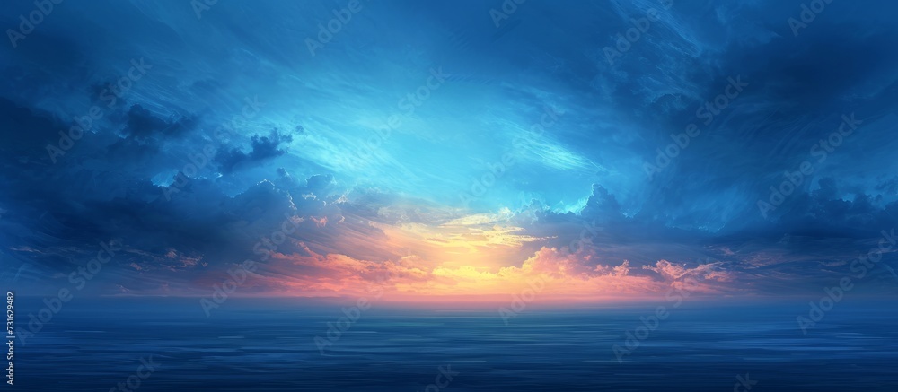 Obraz premium The blue sky and clouds create a picturesque atmosphere as the sun shines over the ocean, forming a stunning natural landscape with a hint of afterglow at dusk.