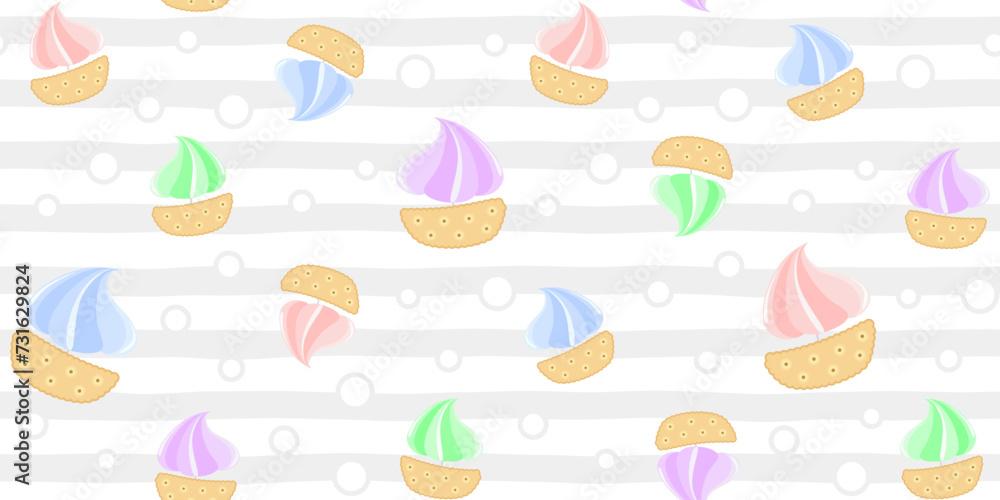 Cute cookie boats with colorful meringue sails on a gray and white striped background with circles. Kids endless texture with sweet ships. Funny sweetness. Vector seamless pattern for surface textures