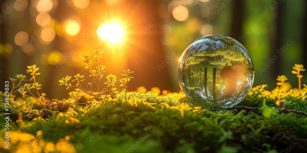 Environmental Stewardship Visualized: A Transparent Globe Rests Gently on Lush Moss, Symbolizing Sustainable Living on Earth, Generative AI Environmental Stewardship Visualized: A Transparent Globe Rests Gently on Lush Moss, Symbolizing Sustainable Living on Earth, Generative AI