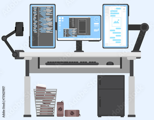 Programming operations with three monitor on worktable, Front view of triple monitor desk, Coding and app development in screen monitor. 