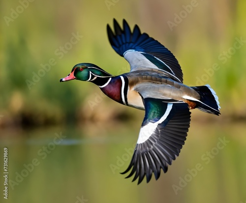 a male wood duck in flight