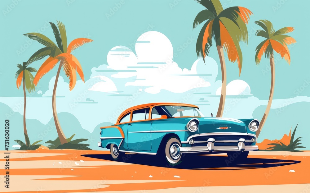 Classic Car by the Shore: A Retro Tropical Getaway - Generative AI