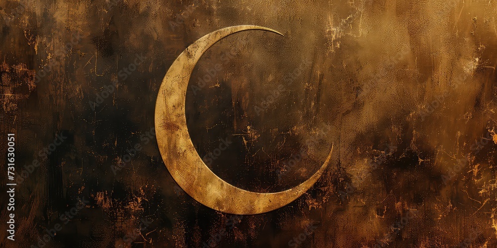 Rustic Ramadan Moon: A rustic, textured design featuring a simple crescent moon against a backdrop of earthy tones and materials, symbolizing simplicity and reflection, with Rustic Ramadan Reflections - obrazy, fototapety, plakaty 