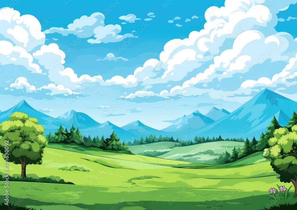 Idyllic Cartoon Valley with Lush Greenery and Flowing River - Generative AI Idyllic Cartoon Valley with Lush Greenery and Flowing River - Generative AI