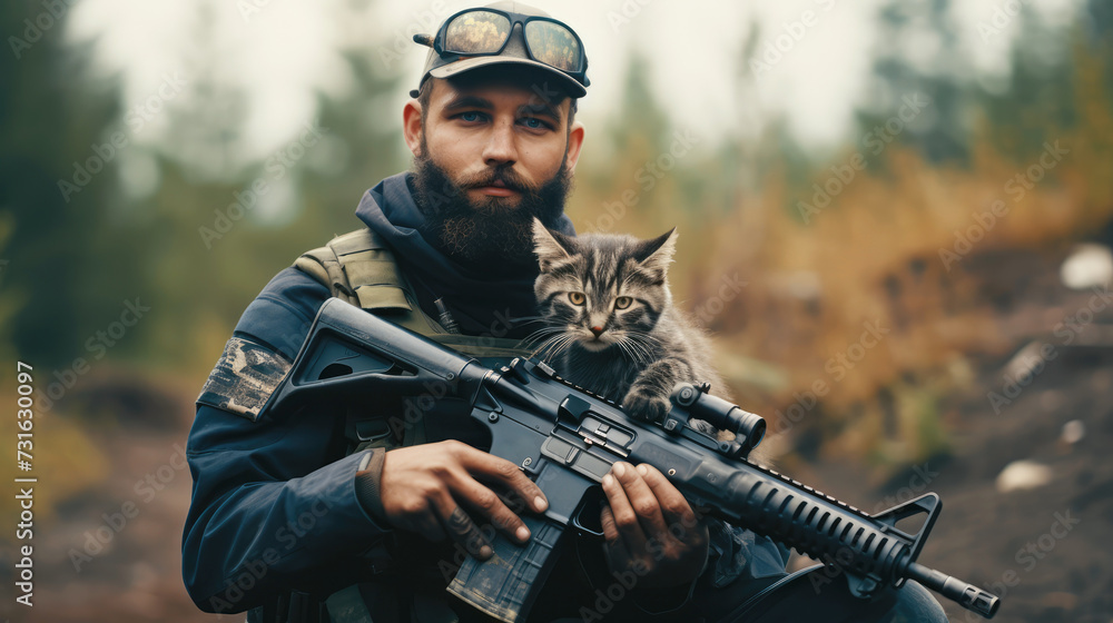Portrait of a military man with a gun holding a kitten