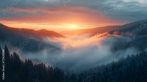 A majestic mountain range, with misty clouds as the background, during a tranquil sunrise