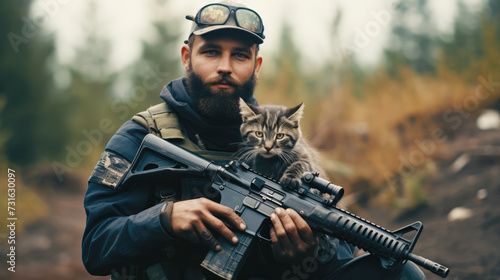 Portrait of a military man with a gun holding a kitten