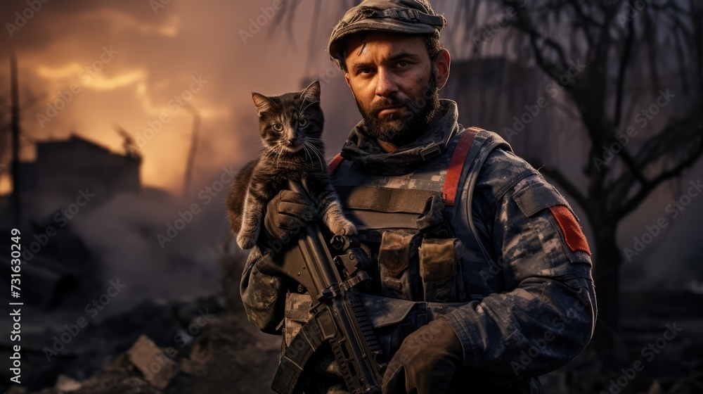 Portrait of a military man with a gun holding a kitten Portrait of a military man with a gun holding a kitten