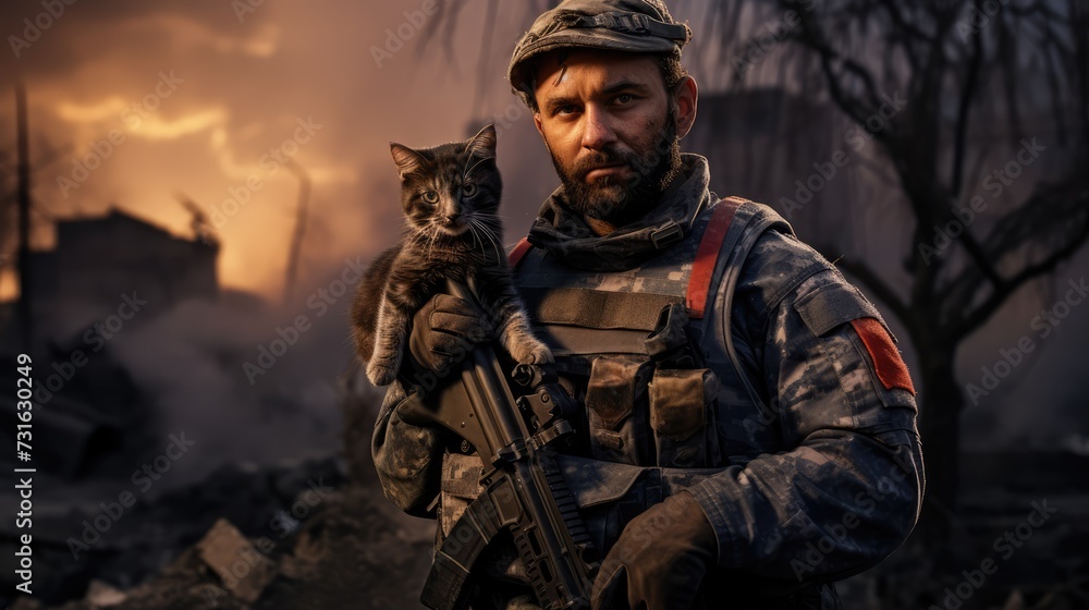 Portrait of a military man with a gun holding a kitten