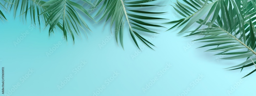 Tranquil Green Palm Leaves Framing a Serene Turquoise Background - Generative AI