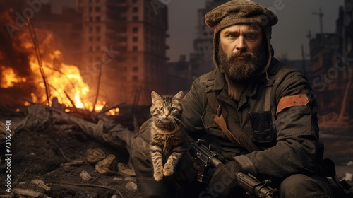 Portrait of a military man with a gun holding a kitten © misu