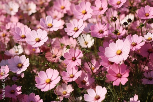 Enchanting Field of Pink Cosmos Blooms: Spring's Delicate Beauty - Generative AI © Gelpi