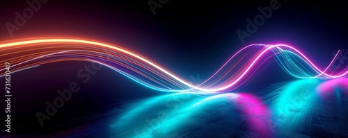 3d render. Abstract neon background. Fluorescent ines glowing in the dark room with floor reflection. Virtual dynamic curvy ribbon. Fantastic panoramic wallpaper. Digital data transfer. Generative AI photo
