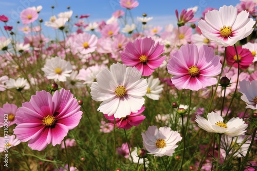 Enchanting Field of Pink Cosmos Blooms: Spring's Delicate Beauty - Generative AI