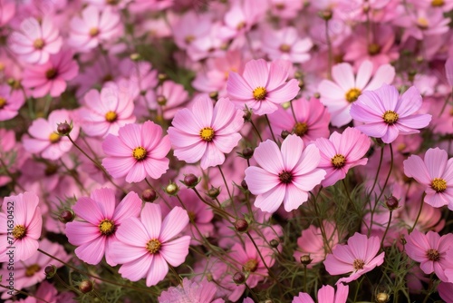 Enchanting Field of Pink Cosmos Blooms  Spring s Delicate Beauty - Generative AI