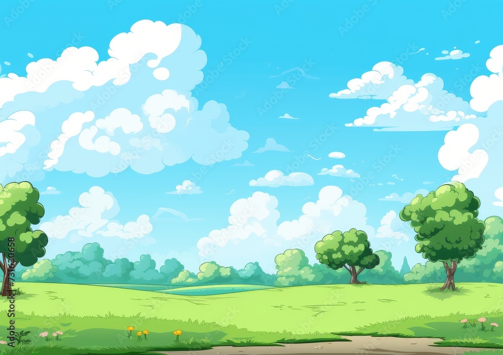 Idyllic Meadow and Lush Trees Under Fluffy Clouds - A Serene Digital Illustration Generative AI Idyllic Meadow and Lush Trees Under Fluffy Clouds - A Serene Digital Illustration Generative AI