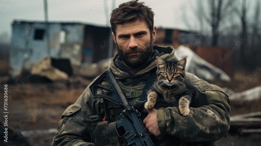 Portrait of a military man with a gun holding a kitten