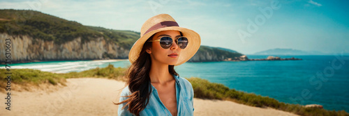 woman in a hat on a tropical beach. Selective focus.