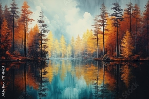 Serene Sunset  Autumn Trees and Their Reflections on a Calm Lake - Generative AI