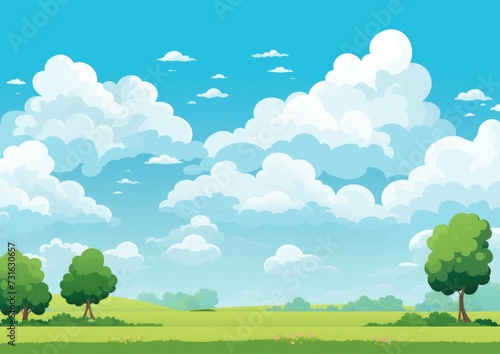 Idyllic Meadow and Lush Trees Under Fluffy Clouds - A Serene Digital Illustration Generative AI
