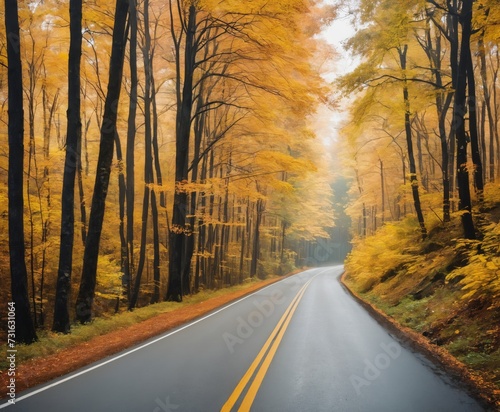 a road in the middle of a forest with yellow trees on both sides autumn season