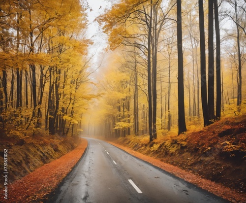 a road in the middle of a forest with yellow trees on both sides autumn season