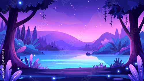 Iridescent trees, shimmering foliage, and glowing wildlife in enchanting woodland scene