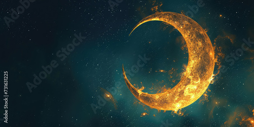 Ramadan Kareem in the Cosmos: An imaginative design that places the crescent moon and stars within the vast expanse of the cosmos, highlighting the universal significance of Ramadan Ramadan Kareem