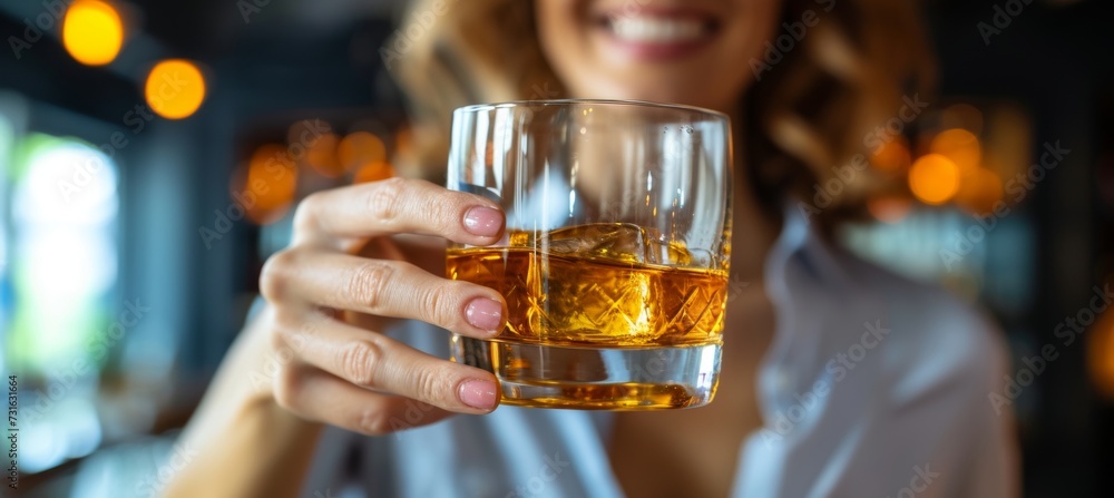 Stylish woman holding glass of whiskey on blurred background with copy space for text