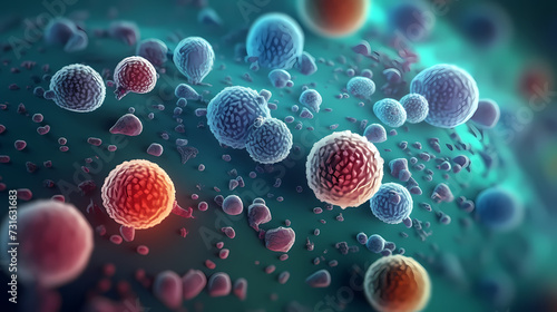 Various shapes of bacteria, probiotics under microscope, science, medicine concept background