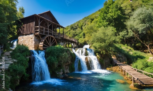 Water mill and Wooden Bridge. 
