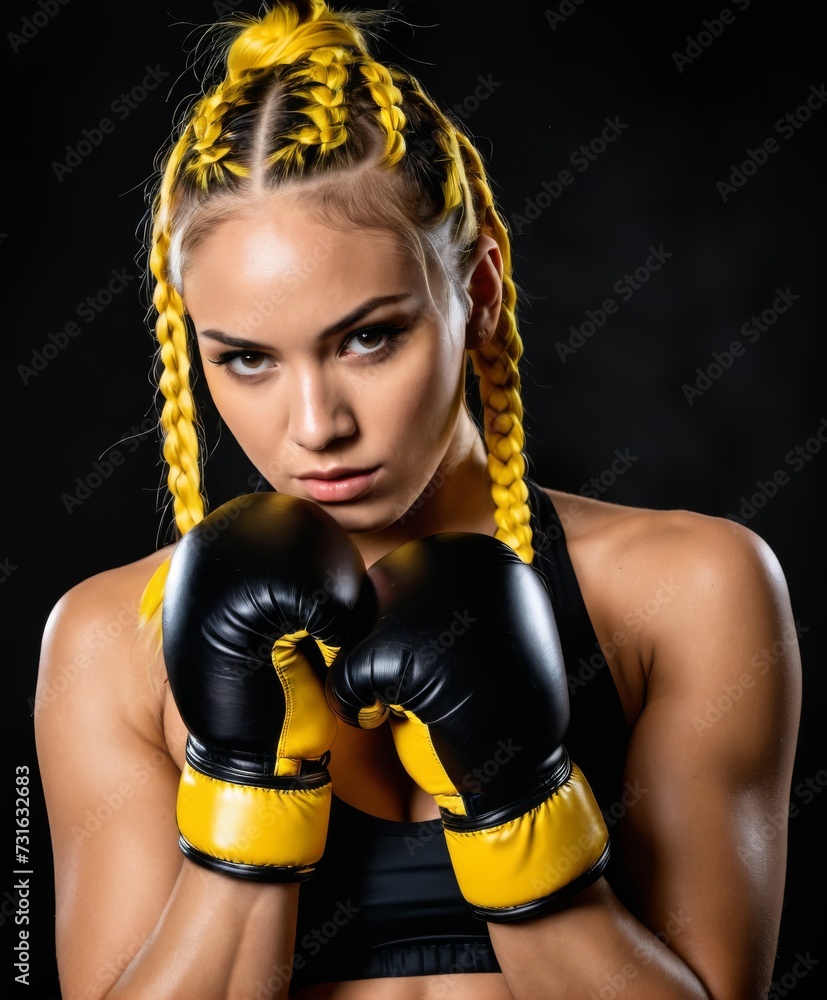 Woman with yellow braids on black background. Girl sportsman muay thai boxer fighting in gloves in gym.
