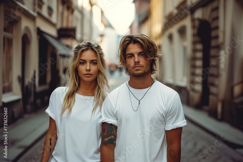 Man and woman wearing blank white t-shirt