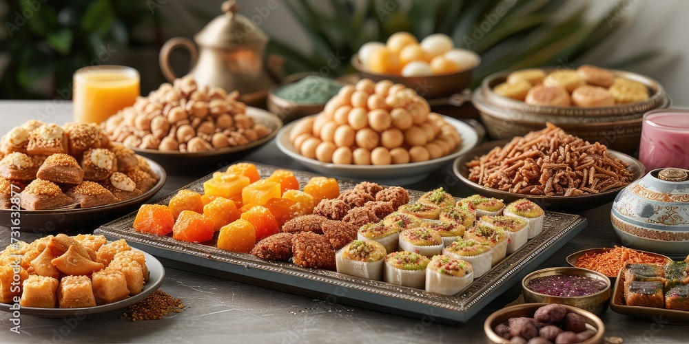Eid Al-Fitr Sweet Delights: A delightful array of traditional Eid sweets and treats, artfully displayed to tempt the senses, symbolizing the sweetness of the festival, Sweet Delights Eid in delicious