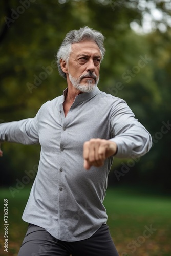 handsome mature man doing tai chi exercises in a park