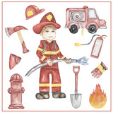 Watercolor  fireman clipart, hand drawn illustration. Fireman working, kids school card clip art, educational, cute children graphics with professions.