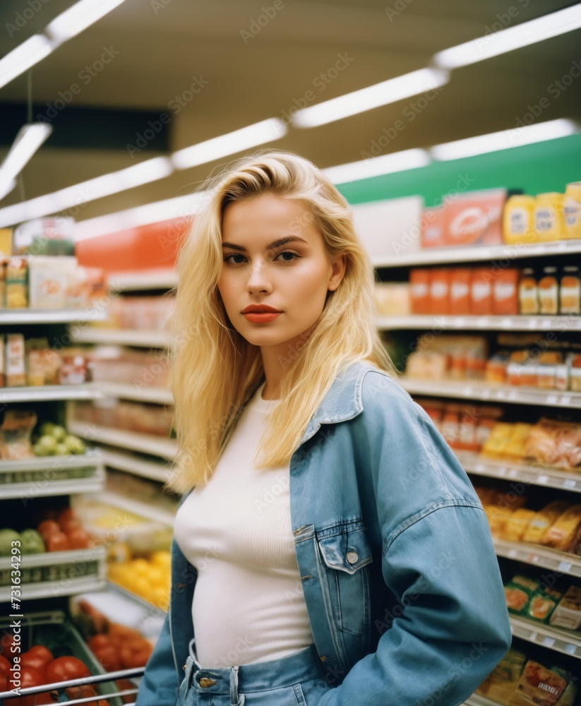 portrait young blonde woman in food supermarket store photography 90s style