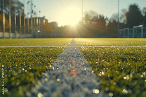 Close up of a white line drawn on a grass football pitch.