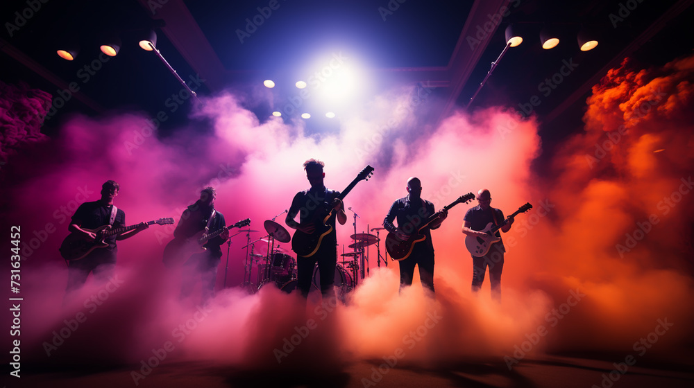 Band Silhouette. View of stage during rock concert with musical instruments and scene stage lights, rock show performance. Electric guitar.